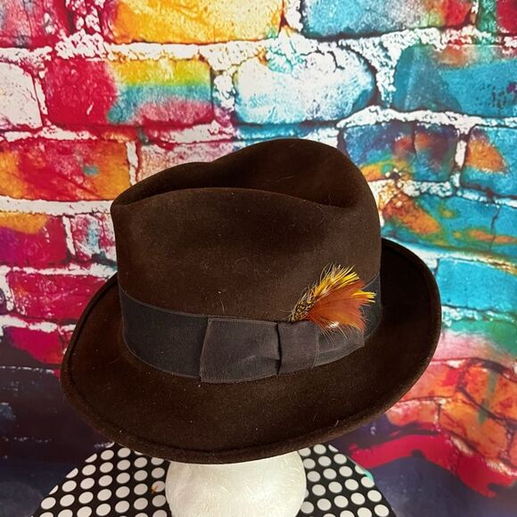 Vintage Morfelt Men's Fedora 100% Wool Hat  Dark Brown  Feathers size Small - Picture 1 of 6